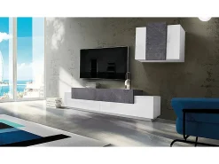 Dmora Sistema de parede Dmar, conjunto de sala de TV, móveis de sala multiuso, 100% fabricado na Itália, 240x45h180 cm, brilhante e ardósia Branco