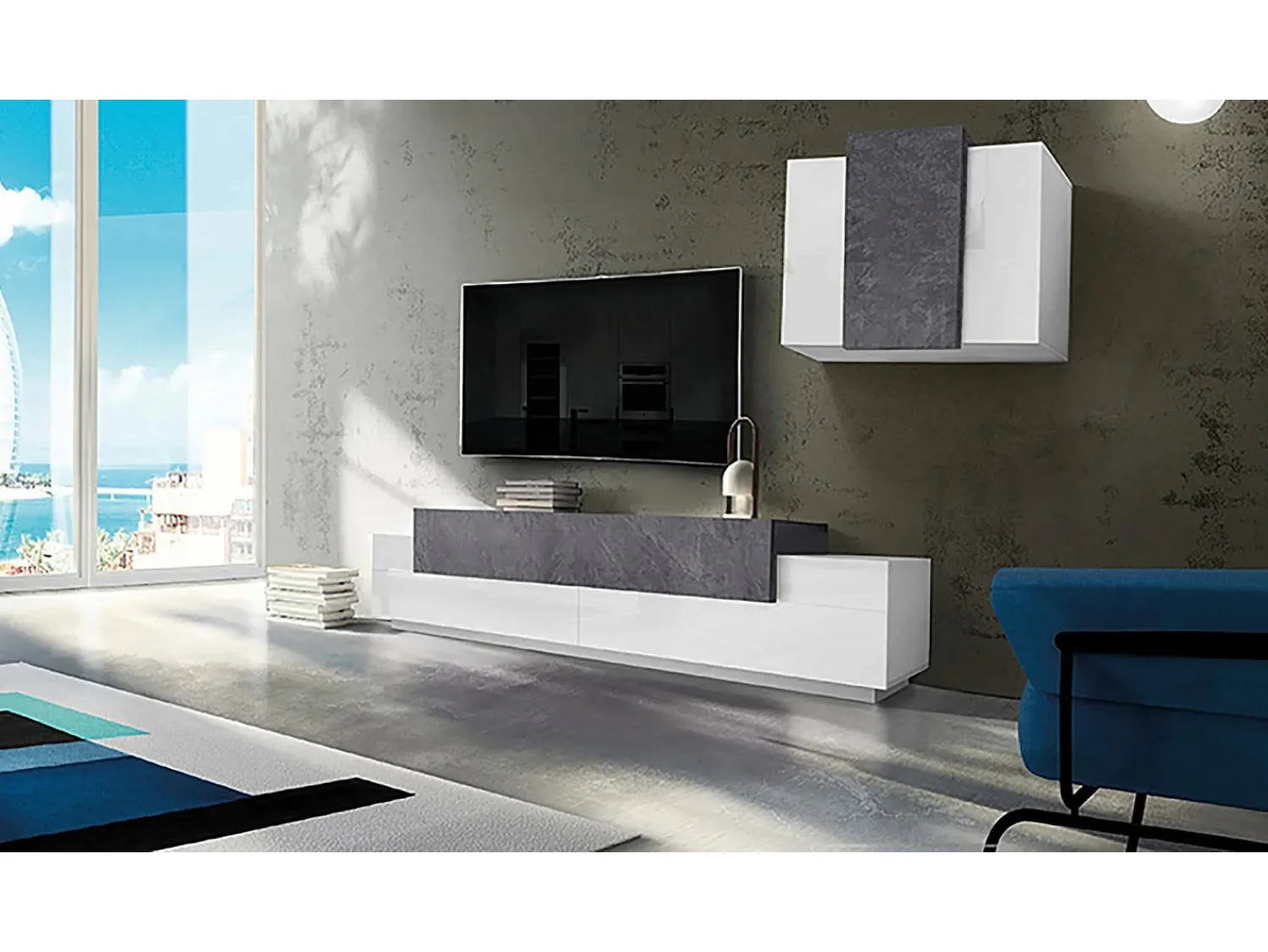 Dmora Sistema de parede Dmar, conjunto de sala de TV, móveis de sala multiuso, 100% fabricado na Itália, 240x45h180 cm, brilhante e ardósia Branco