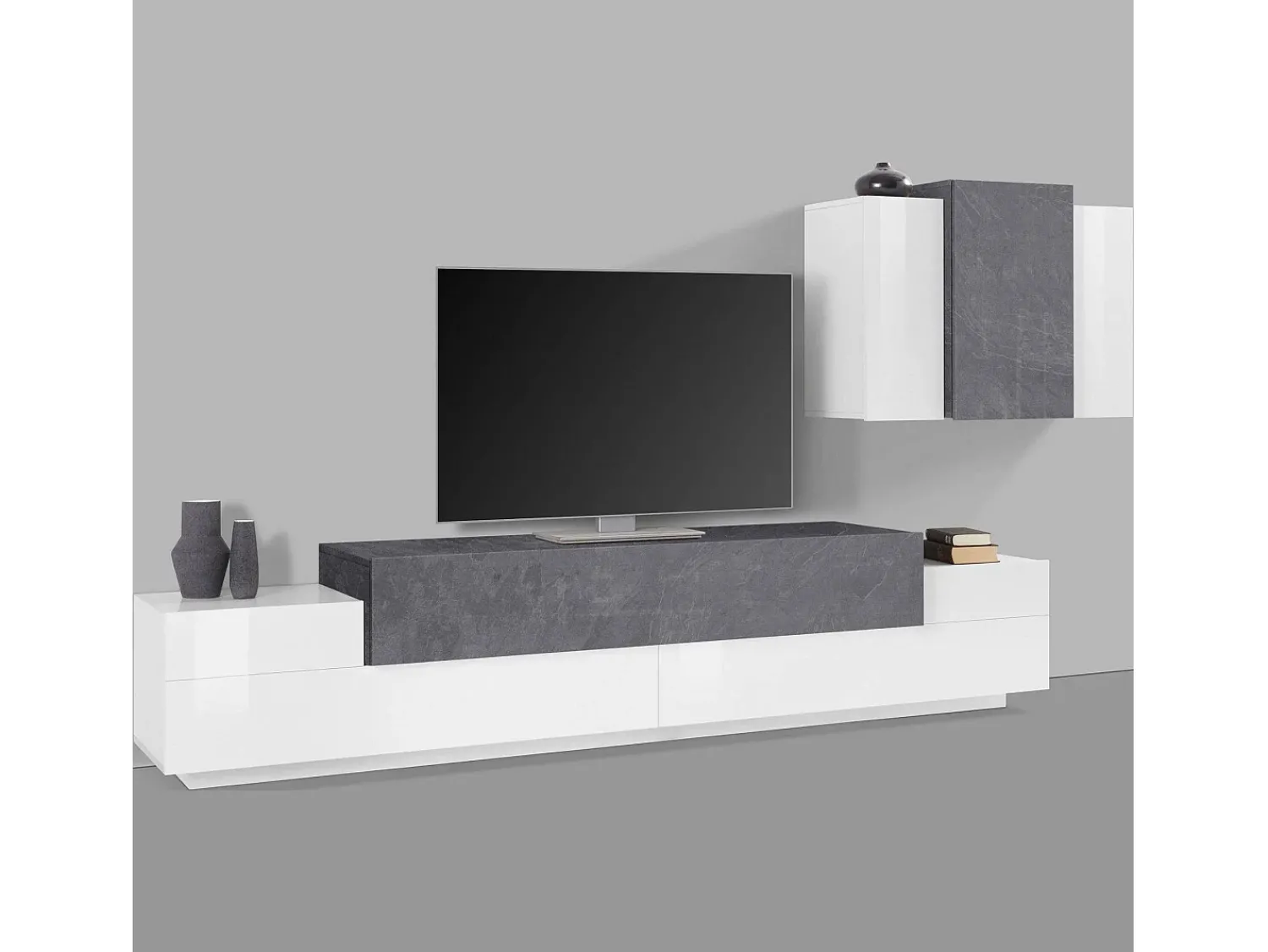 Dmora Sistema de parede Dmar, conjunto de sala de TV, móveis de sala multiuso, 100% fabricado na Itália, 240x45h180 cm, brilhante e ardósia Branco
