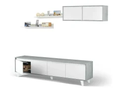Móvel De Tv*Dmora Sistema de parede Dmuldu, Conjunto de sala, Móveis de sala multiuso, Sistema de parede moderno, 200x41h50 cm, Cimento e Branco Brilhante Cinzento