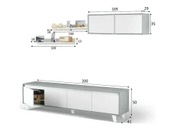 Móvel De Tv*Dmora Sistema de parede Dmuldu, Conjunto de sala, Móveis de sala multiuso, Sistema de parede moderno, 200x41h50 cm, Cimento e Branco Brilhante Cinzento