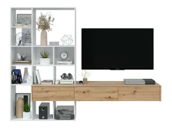 Móvel De Tv*Dmora Sistema de parede Dnovelli, Conjunto de sala com 3 gavetas, Estante multiuso para sala, 226x28h173 cm, e Carvalho Nó Branco