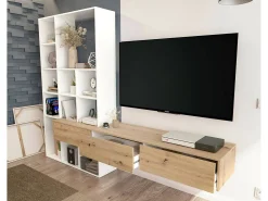 Móvel De Tv*Dmora Sistema de parede Dnovelli, Conjunto de sala com 3 gavetas, Estante multiuso para sala, 226x28h173 cm, e Carvalho Nó Branco