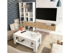 Móvel De Tv*Dmora Sistema de parede Dnovelli, Conjunto de sala com 3 gavetas, Estante multiuso para sala, 226x28h173 cm, e Carvalho Nó Branco