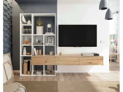Móvel De Tv*Dmora Sistema de parede Dnovelli, Conjunto de sala com 3 gavetas, Estante multiuso para sala, 226x28h173 cm, e Carvalho Nó Branco