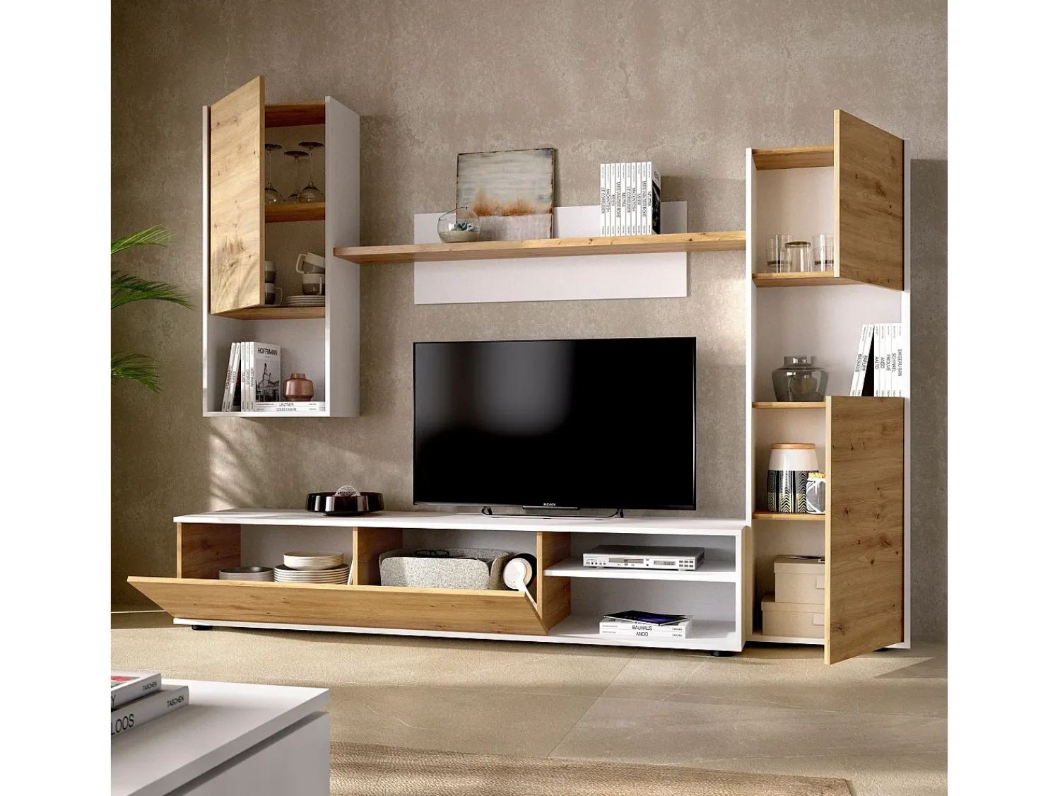 Outlet Dmora Sistema de parede Dzuell, móvel de sala de TV, móveis de sala multiuso, 220x41h180 cm, carvalho atado e branco Castanho