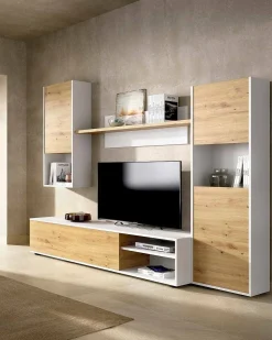 Móvel De Tv*Dmora Sistema de parede Foraker, conjunto de sala de TV, móveis de sala multiuso, 220x41h180 cm, carvalho atado e branco Castanho