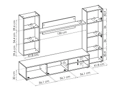 Móvel De Tv*Dmora Sistema de parede Foraker, conjunto de sala de TV, móveis de sala multiuso, 220x41h180 cm, carvalho atado e branco Castanho