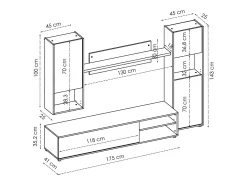 Móvel De Tv*Dmora Sistema de parede Foraker, conjunto de sala de TV, móveis de sala multiuso, 220x41h180 cm, carvalho atado e branco Castanho