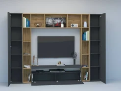 Dmora Sistema de parede Gilberto, conjunto de sala de TV com 3 portas, móveis de sala multiuso, 100% Fabricado na Itália, 270x35h210 cm, Antracite e Carvalho^ Móvel De Tv