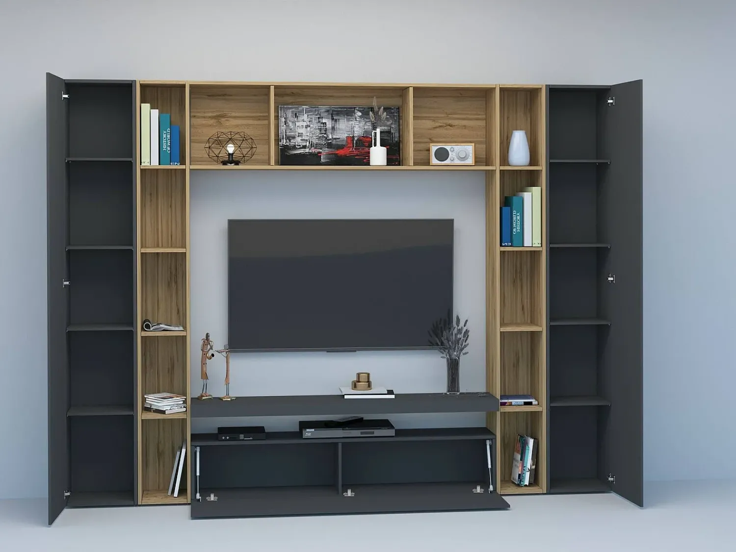 Dmora Sistema de parede Gilberto, conjunto de sala de TV com 3 portas, móveis de sala multiuso, 100% Fabricado na Itália, 270x35h210 cm, Antracite e Carvalho^ Móvel De Tv