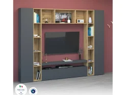 Dmora Sistema de parede Gilberto, conjunto de sala de TV com 3 portas, móveis de sala multiuso, 100% Fabricado na Itália, 270x35h210 cm, Antracite e Carvalho^ Móvel De Tv