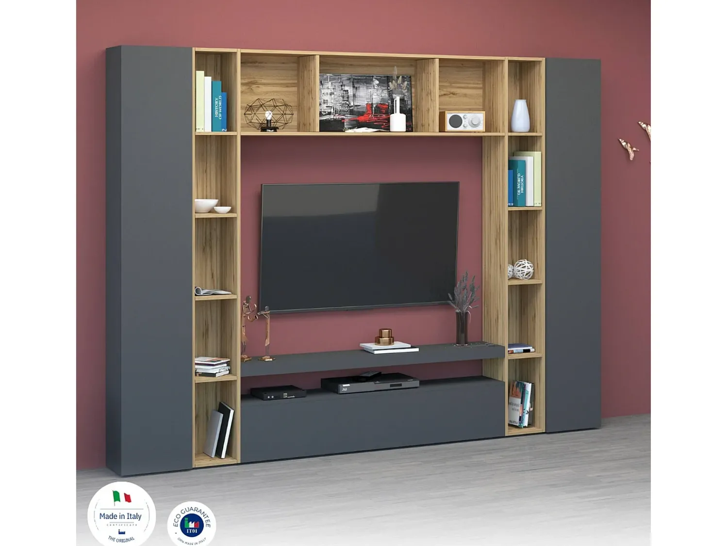 Dmora Sistema de parede Gilberto, conjunto de sala de TV com 3 portas, móveis de sala multiuso, 100% Fabricado na Itália, 270x35h210 cm, Antracite e Carvalho^ Móvel De Tv