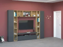 Dmora Sistema de parede Gilberto, conjunto de sala de TV com 3 portas, móveis de sala multiuso, 100% Fabricado na Itália, 270x35h210 cm, Antracite e Carvalho^ Móvel De Tv