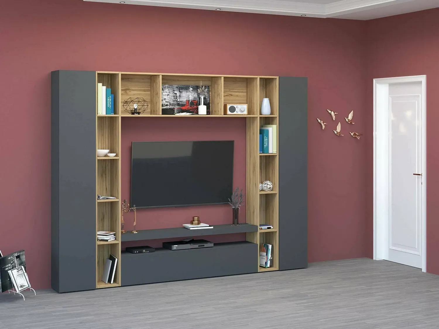 Dmora Sistema de parede Gilberto, conjunto de sala de TV com 3 portas, móveis de sala multiuso, 100% Fabricado na Itália, 270x35h210 cm, Antracite e Carvalho^ Móvel De Tv