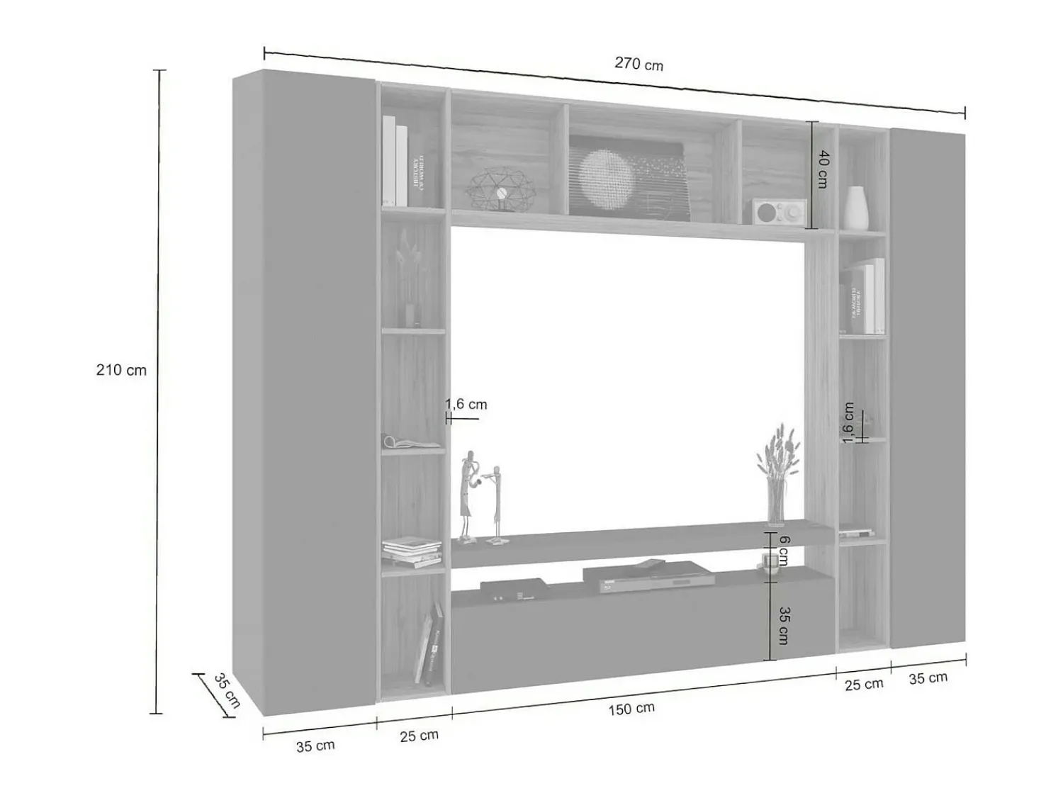 Dmora Sistema de parede Gilberto, conjunto de sala de TV com 3 portas, móveis de sala multiuso, 100% Fabricado na Itália, 270x35h210 cm, Antracite e Carvalho^ Móvel De Tv