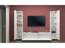 Online Dmora Sistema de parede Giordano, conjunto de sala de TV com 3 portas, móveis de sala multiuso, 100% Fabricado na Itália, 260x30h180 cm, brilhante Branco
