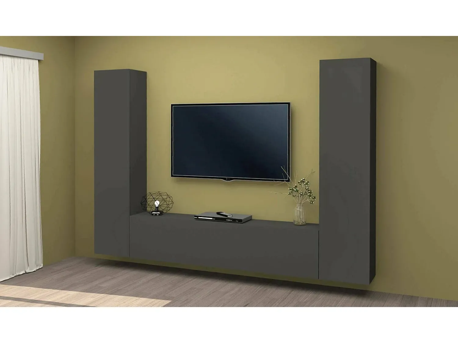 Dmora Sistema de parede Giordano, conjunto de sala de TV com 3 portas, móveis de sala multiuso, 100% Fabricado na Itália, 260x30h180 cm, Antracite^ Móvel De Tv