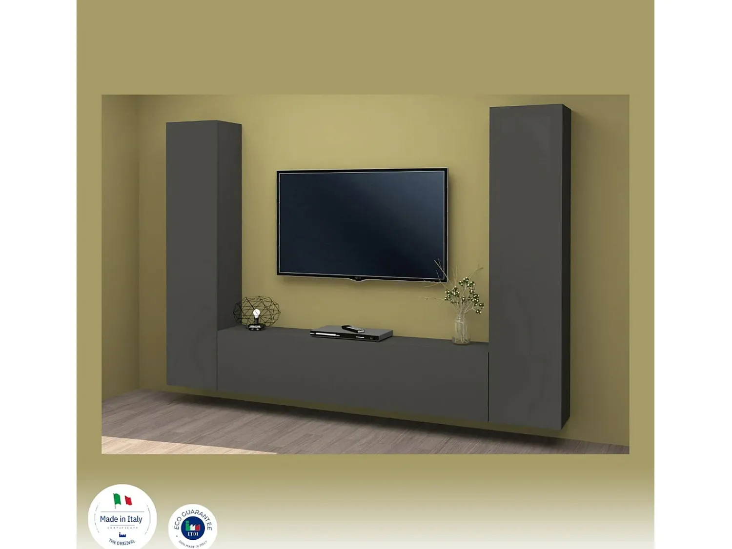 Dmora Sistema de parede Giordano, conjunto de sala de TV com 3 portas, móveis de sala multiuso, 100% Fabricado na Itália, 260x30h180 cm, Antracite^ Móvel De Tv