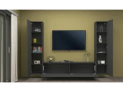 Dmora Sistema de parede Giordano, conjunto de sala de TV com 3 portas, móveis de sala multiuso, 100% Fabricado na Itália, 260x30h180 cm, Antracite^ Móvel De Tv