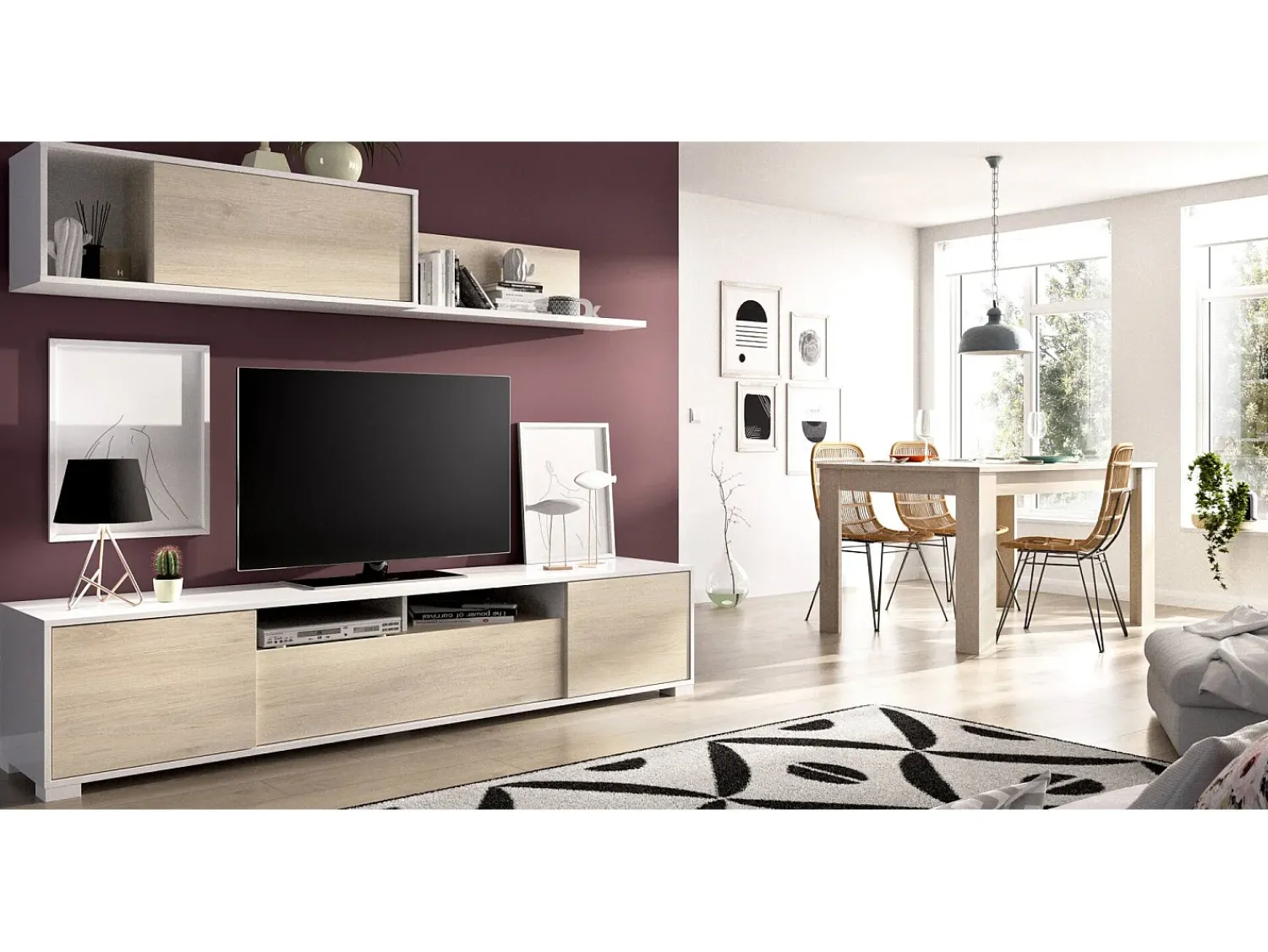 Móvel De Tv|Dmora Sistema de parede Gruf, móvel de sala de TV, móveis de sala multiuso, 200x41h180 cm, carvalho e branco Castanho