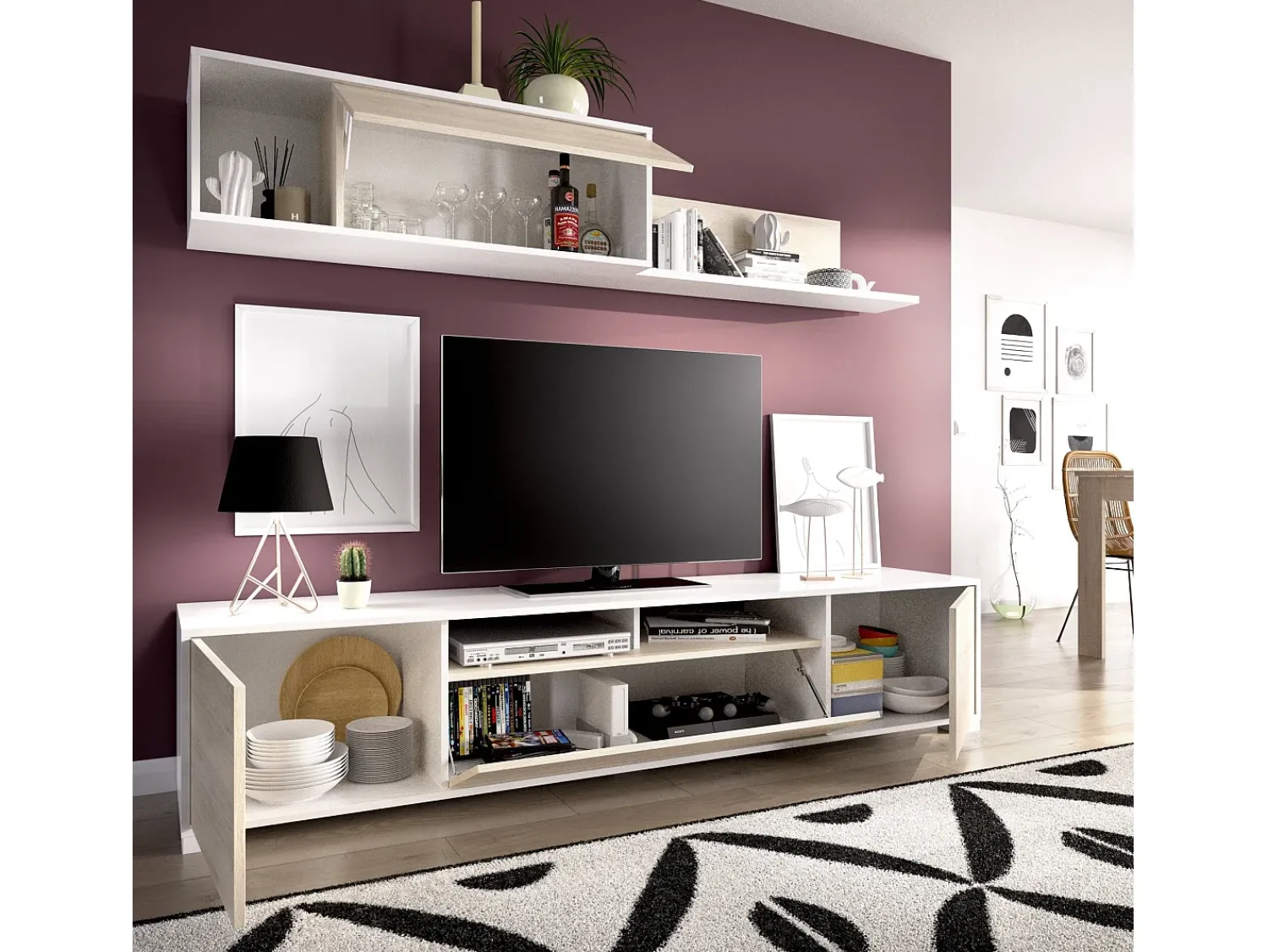 Móvel De Tv|Dmora Sistema de parede Gruf, móvel de sala de TV, móveis de sala multiuso, 200x41h180 cm, carvalho e branco Castanho