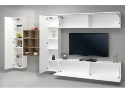 Móvel De Tv*Dmora Sistema de parede Gualtiero, conjunto de sala de TV com 4 portas, móveis de sala multiuso, 100% Fabricado na Itália, 350x30h180 cm, brilhante Branco