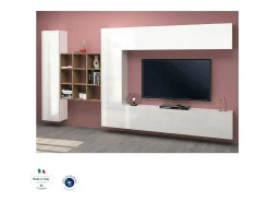 Móvel De Tv*Dmora Sistema de parede Gualtiero, conjunto de sala de TV com 4 portas, móveis de sala multiuso, 100% Fabricado na Itália, 350x30h180 cm, brilhante Branco