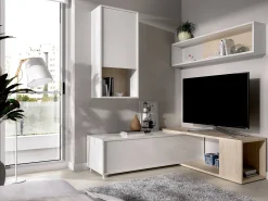 Hot Dmora Sistema de parede Legnone, Conjunto modular de sala de canto, Móveis de sala multiposições, 230x41h180 cm, e Carvalho Branco