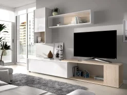 Hot Dmora Sistema de parede Legnone, Conjunto modular de sala de canto, Móveis de sala multiposições, 230x41h180 cm, e Carvalho Branco