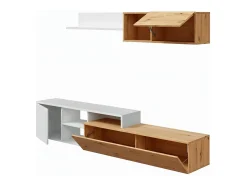 Dmora Sistema de parede Miami, Móvel de sala de TV reversível, Composição de sala com móvel de parede e prateleira, 220x40h44 cm, Carvalho com efeito nó e Branco^ Móvel De Tv