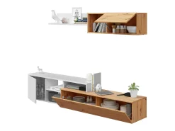 Dmora Sistema de parede Miami, Móvel de sala de TV reversível, Composição de sala com móvel de parede e prateleira, 220x40h44 cm, Carvalho com efeito nó e Branco^ Móvel De Tv
