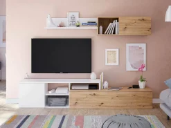 Dmora Sistema de parede Miami, Móvel de sala de TV reversível, Composição de sala com móvel de parede e prateleira, 220x40h44 cm, Carvalho com efeito nó e Branco^ Móvel De Tv