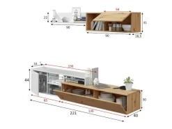 Dmora Sistema de parede Miami, Móvel de sala de TV reversível, Composição de sala com móvel de parede e prateleira, 220x40h44 cm, Carvalho com efeito nó e Branco^ Móvel De Tv