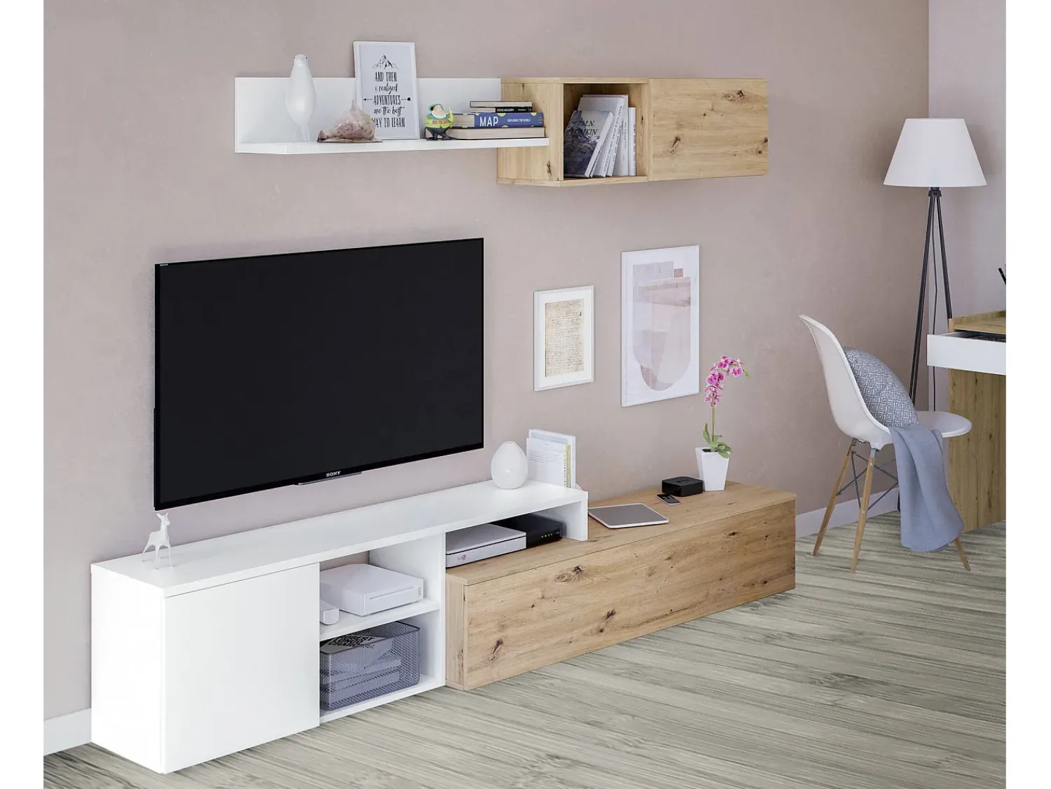 Dmora Sistema de parede Miami, Móvel de sala de TV reversível, Composição de sala com móvel de parede e prateleira, 220x40h44 cm, Carvalho com efeito nó e Branco^ Móvel De Tv