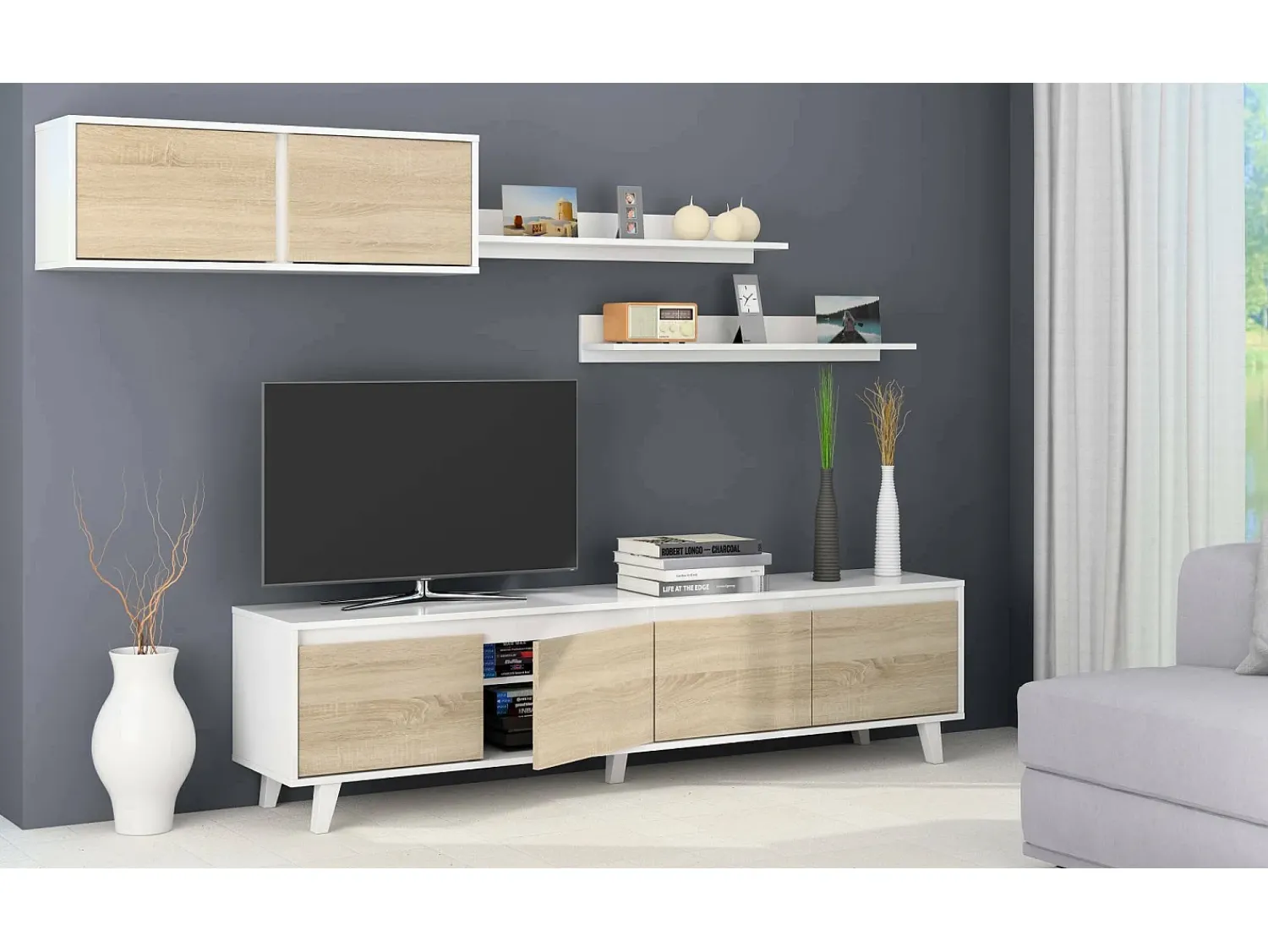 Dmora Sistema de parede Orlando, móvel de sala de TV, Composição de sala com móvel de parede e prateleira, 200x50h41 cm, e Carvalho^ Móvel De Tv