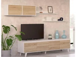 Dmora Sistema de parede Orlando, móvel de sala de TV, Composição de sala com móvel de parede e prateleira, 200x50h41 cm, e Carvalho^ Móvel De Tv