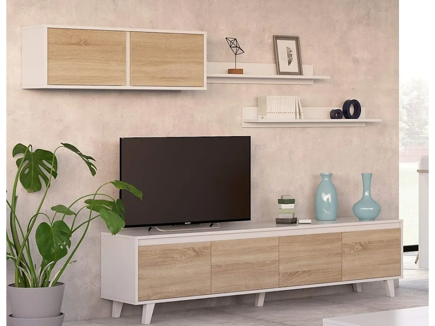 Dmora Sistema de parede Orlando, móvel de sala de TV, Composição de sala com móvel de parede e prateleira, 200x50h41 cm, e Carvalho^ Móvel De Tv