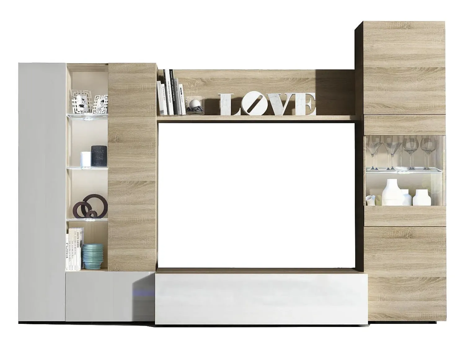 Dmora Sistema de parede Raleigh, armário de sala modular para TV, composição de sala com móveis de parede e vitrines e luz LED, 260x42h185 cm, carvalho e branco Castanho