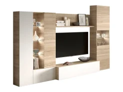 Dmora Sistema de parede Raleigh, armário de sala modular para TV, composição de sala com móveis de parede e vitrines e luz LED, 260x42h185 cm, carvalho e branco Castanho