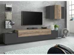Dmora Sistema de parede Ruben, móvel de sala de TV, móveis de sala multiuso, 100% Fabricado na Itália, 240x45h180 cm, Antracite e Bordo^ Móvel De Tv