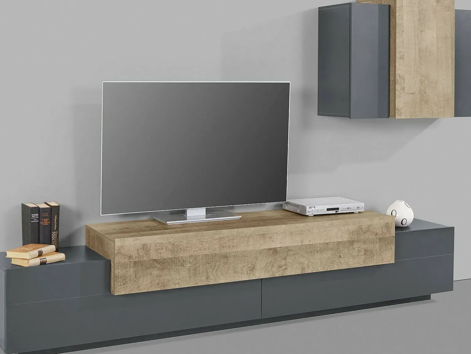 Dmora Sistema de parede Ruben, móvel de sala de TV, móveis de sala multiuso, 100% Fabricado na Itália, 240x45h180 cm, Antracite e Bordo^ Móvel De Tv