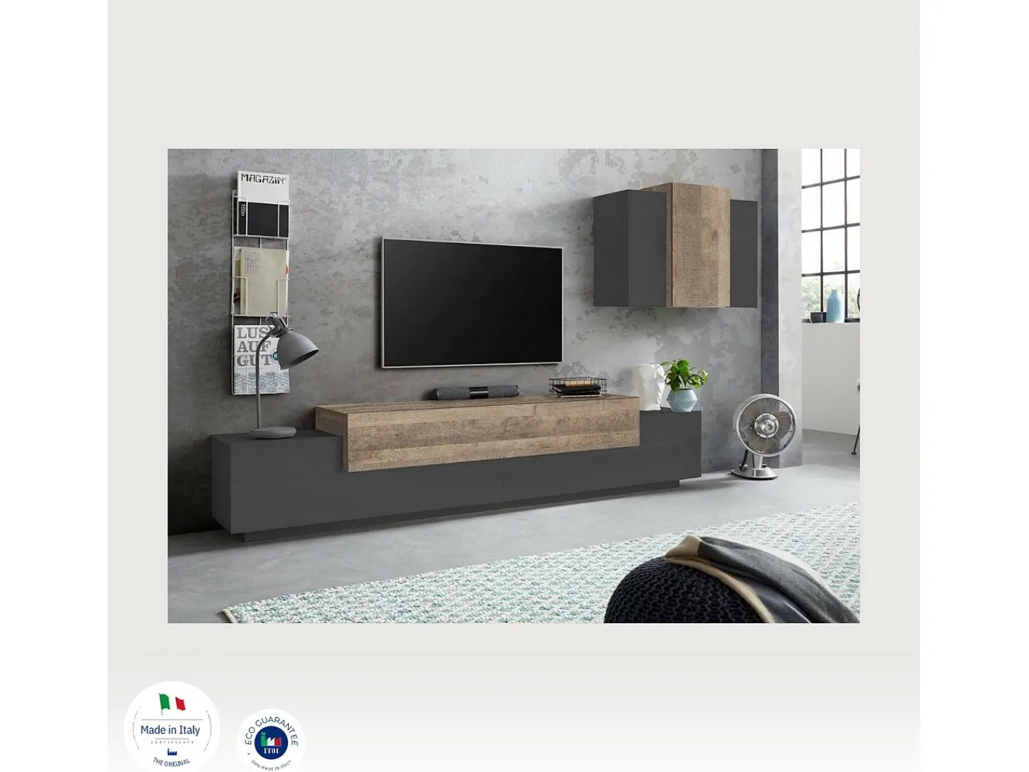 Dmora Sistema de parede Ruben, móvel de sala de TV, móveis de sala multiuso, 100% Fabricado na Itália, 240x45h180 cm, Antracite e Bordo^ Móvel De Tv