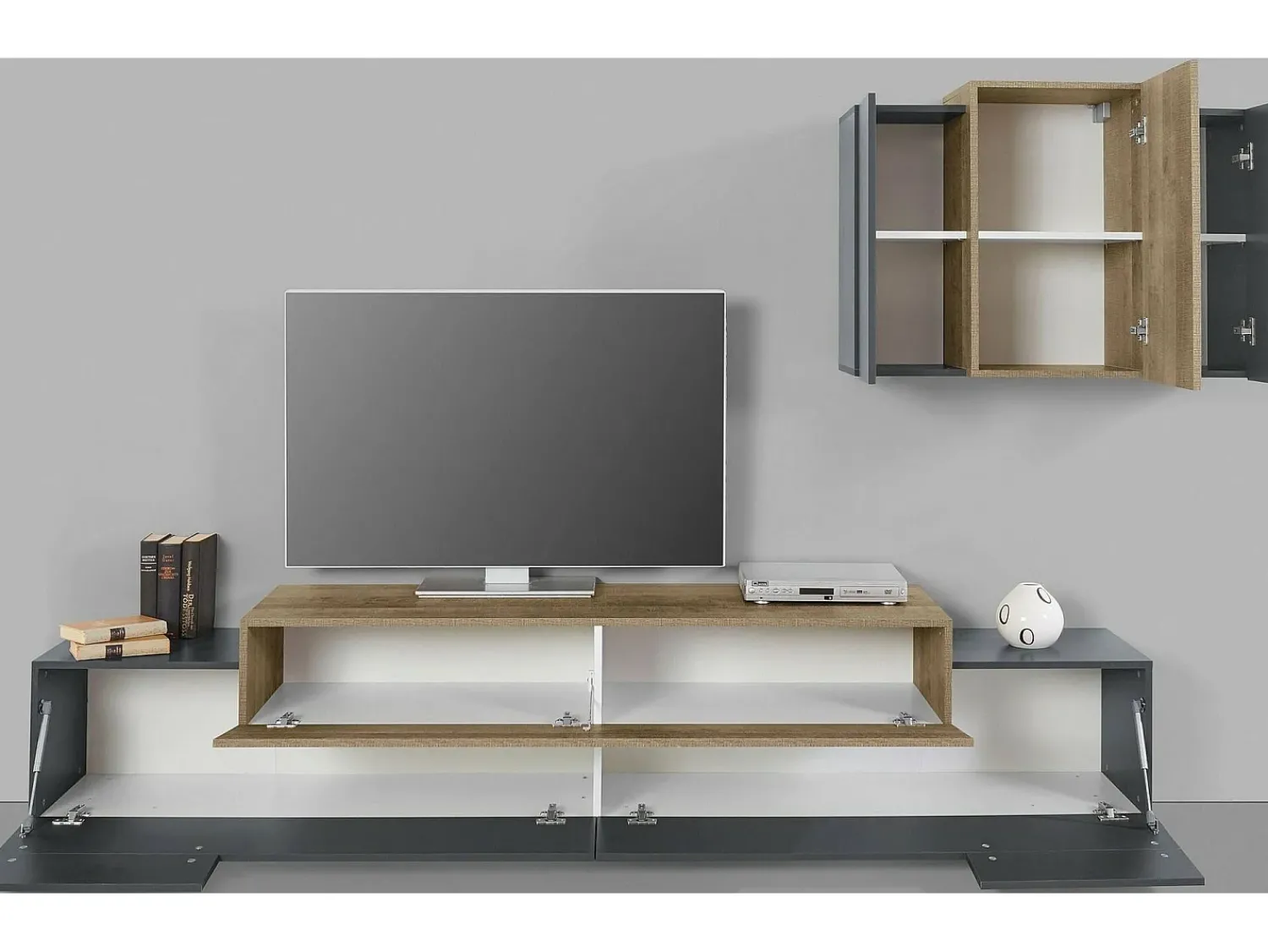 Dmora Sistema de parede Ruben, móvel de sala de TV, móveis de sala multiuso, 100% Fabricado na Itália, 240x45h180 cm, Antracite e Bordo^ Móvel De Tv