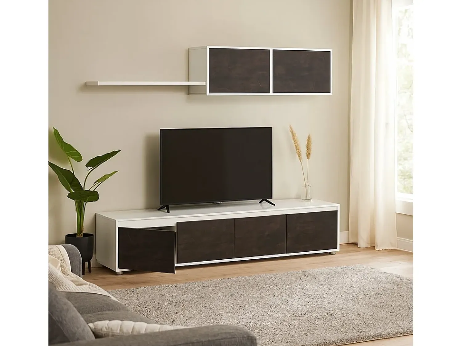 Dmora Sistema de parede Savannah, móvel de sala de TV, composição de conjunto de sala, conjunto de sala com móvel de parede, 200x41h43 cm, e Ã"xido^ Móvel De Tv