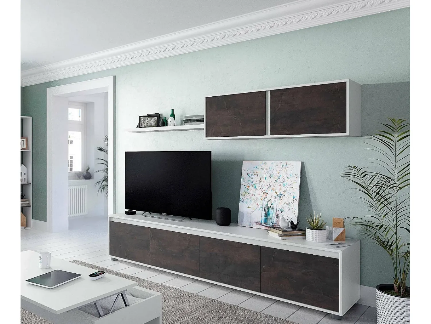 Dmora Sistema de parede Savannah, móvel de sala de TV, composição de conjunto de sala, conjunto de sala com móvel de parede, 200x41h43 cm, e Ã"xido^ Móvel De Tv
