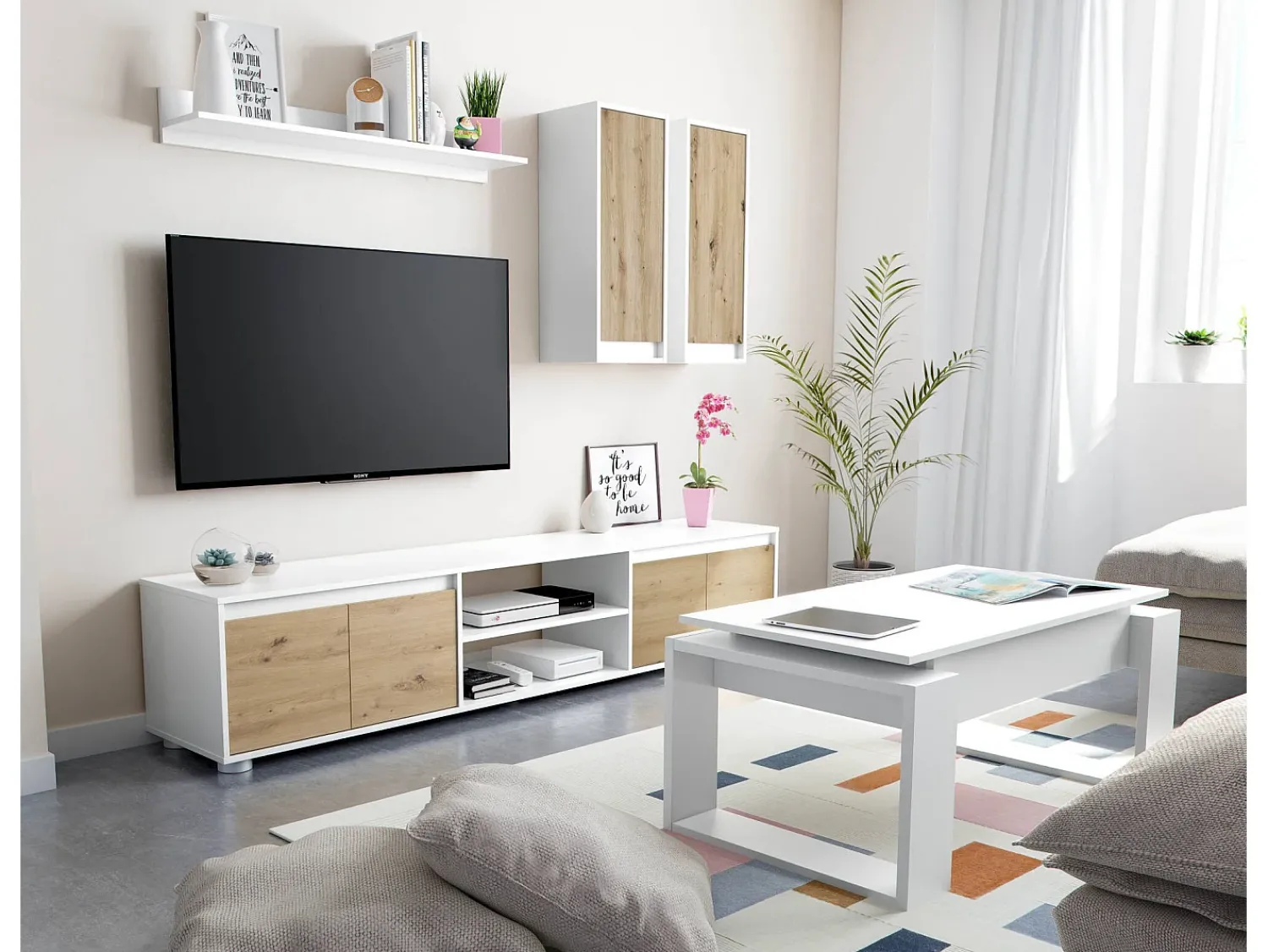 Móvel De Tv|Dmora Sistema de parede Wells, Conjunto de sala, Móveis de sala multiuso, Composição para sala moderna, 200x40h114 cm, e Carvalho Branco