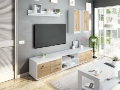 Móvel De Tv|Dmora Sistema de parede Wells, Conjunto de sala, Móveis de sala multiuso, Composição para sala moderna, 200x40h114 cm, e Carvalho Branco