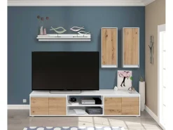 Móvel De Tv|Dmora Sistema de parede Wells, Conjunto de sala, Móveis de sala multiuso, Composição para sala moderna, 200x40h114 cm, e Carvalho Branco