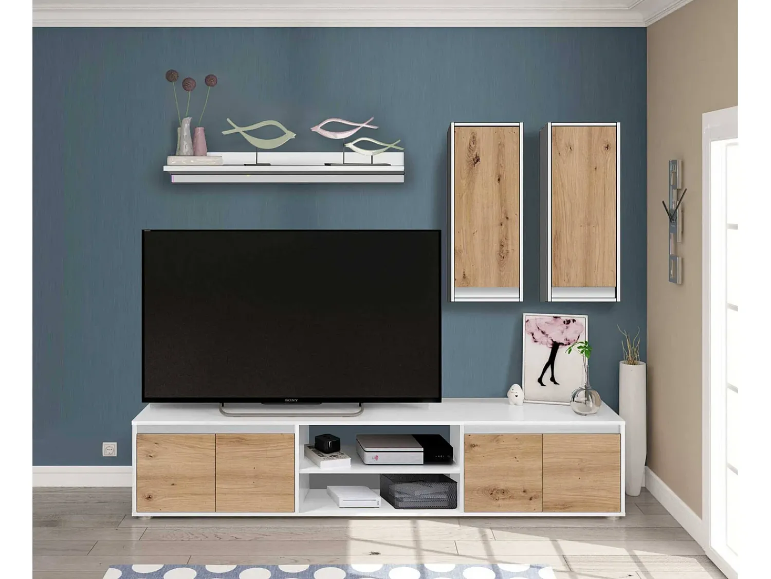 Móvel De Tv|Dmora Sistema de parede Wells, Conjunto de sala, Móveis de sala multiuso, Composição para sala moderna, 200x40h114 cm, e Carvalho Branco